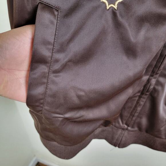 Jinzu Mens Y2K Birds Key Graphic Art Embroidered Bomber Jacket size XL Brown AOP - Picture 11 of 13